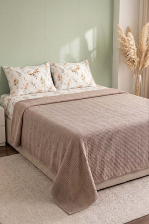 Beige Floral Patterned Cotton Honeycomb Double Bedspread Set – 4 Pieces