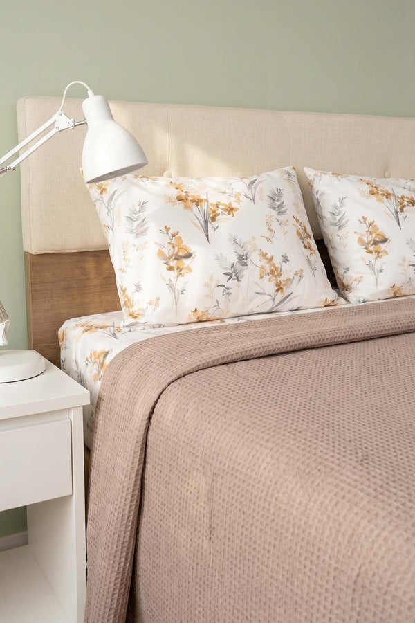 Beige Floral Patterned Cotton Honeycomb Double Bedspread Set – 4 Pieces