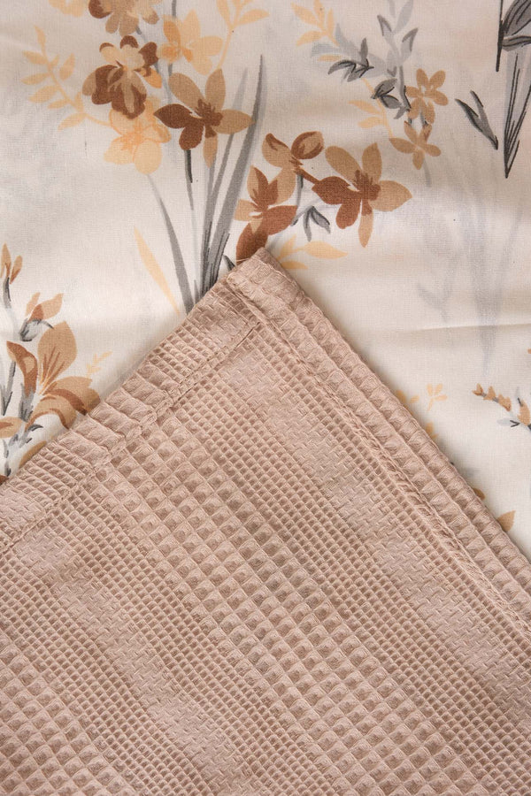 Beige Floral Patterned Cotton Honeycomb Double Bedspread Set – 4 Pieces