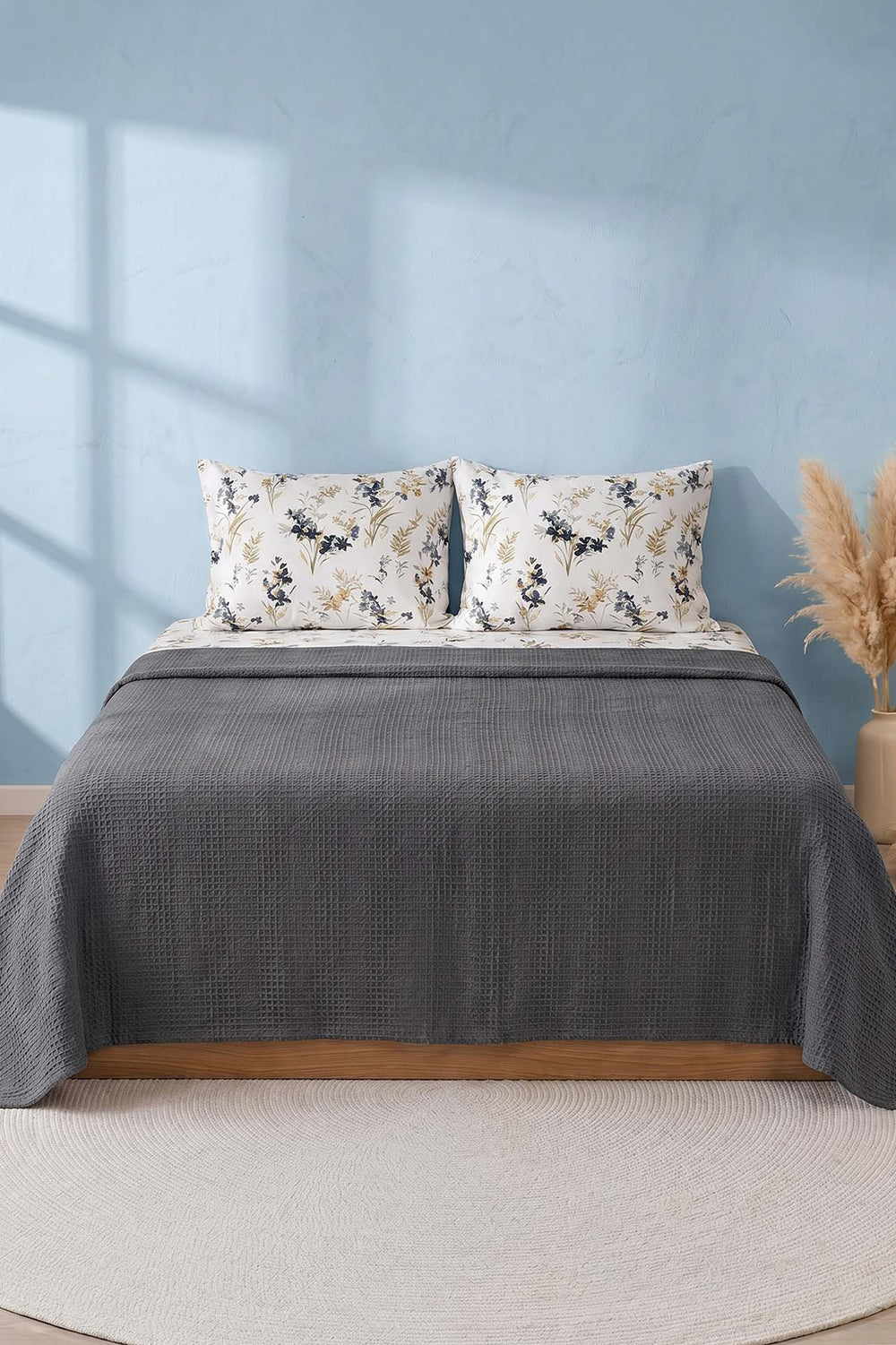 Anthracite Floral Patterned Cotton Honeycomb Double Bedspread Set – 4 Pieces