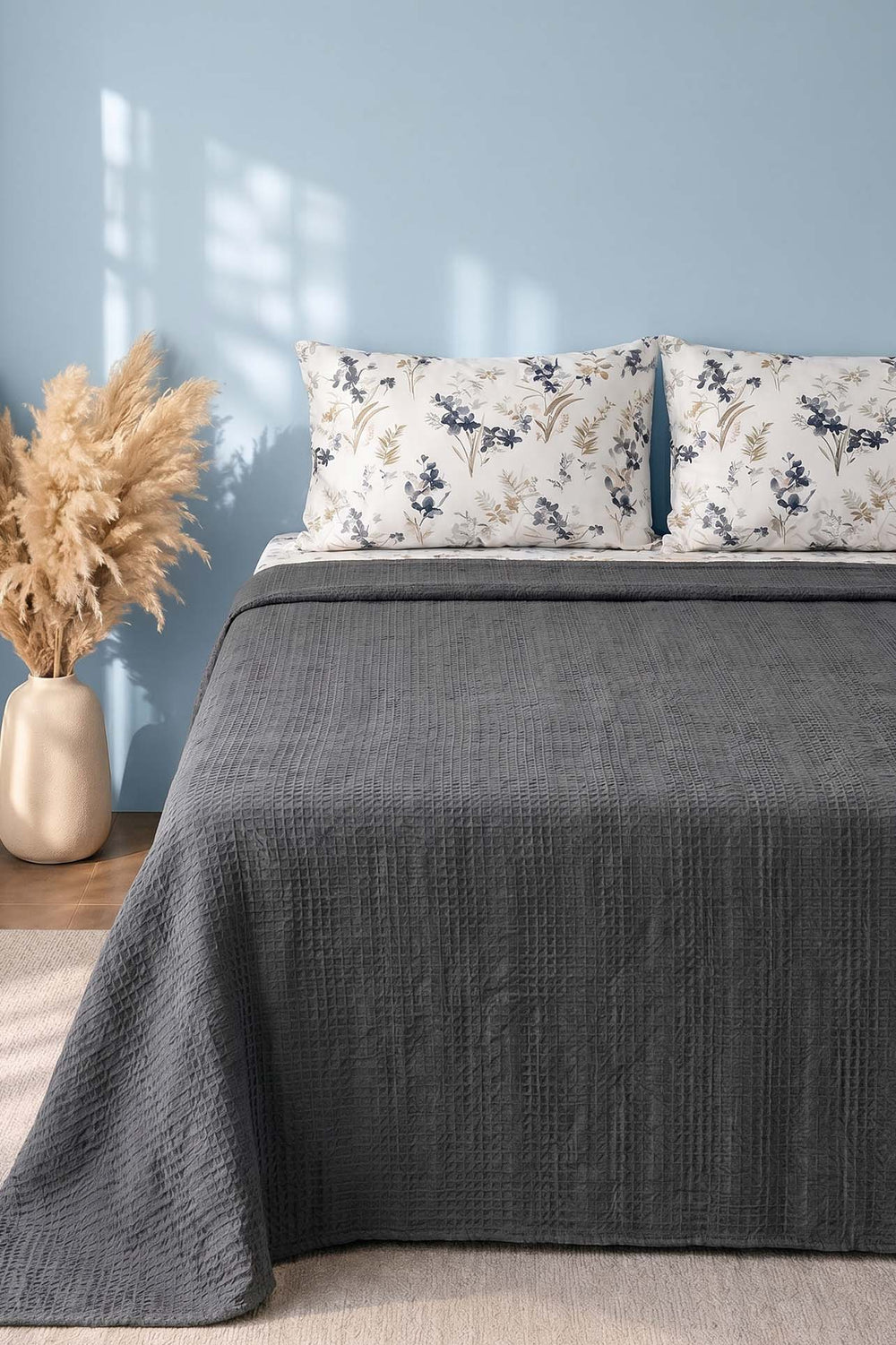 Anthracite Floral Patterned Cotton Honeycomb Double Bedspread Set – 4 Pieces