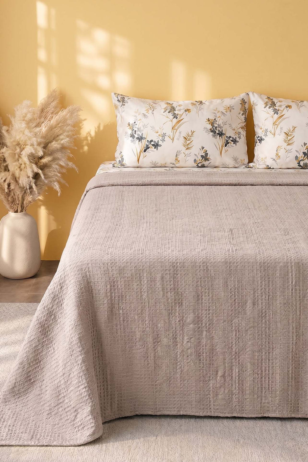 Mink Floral Patterned Cotton Honeycomb Double Bedspread Set – 4 Pieces