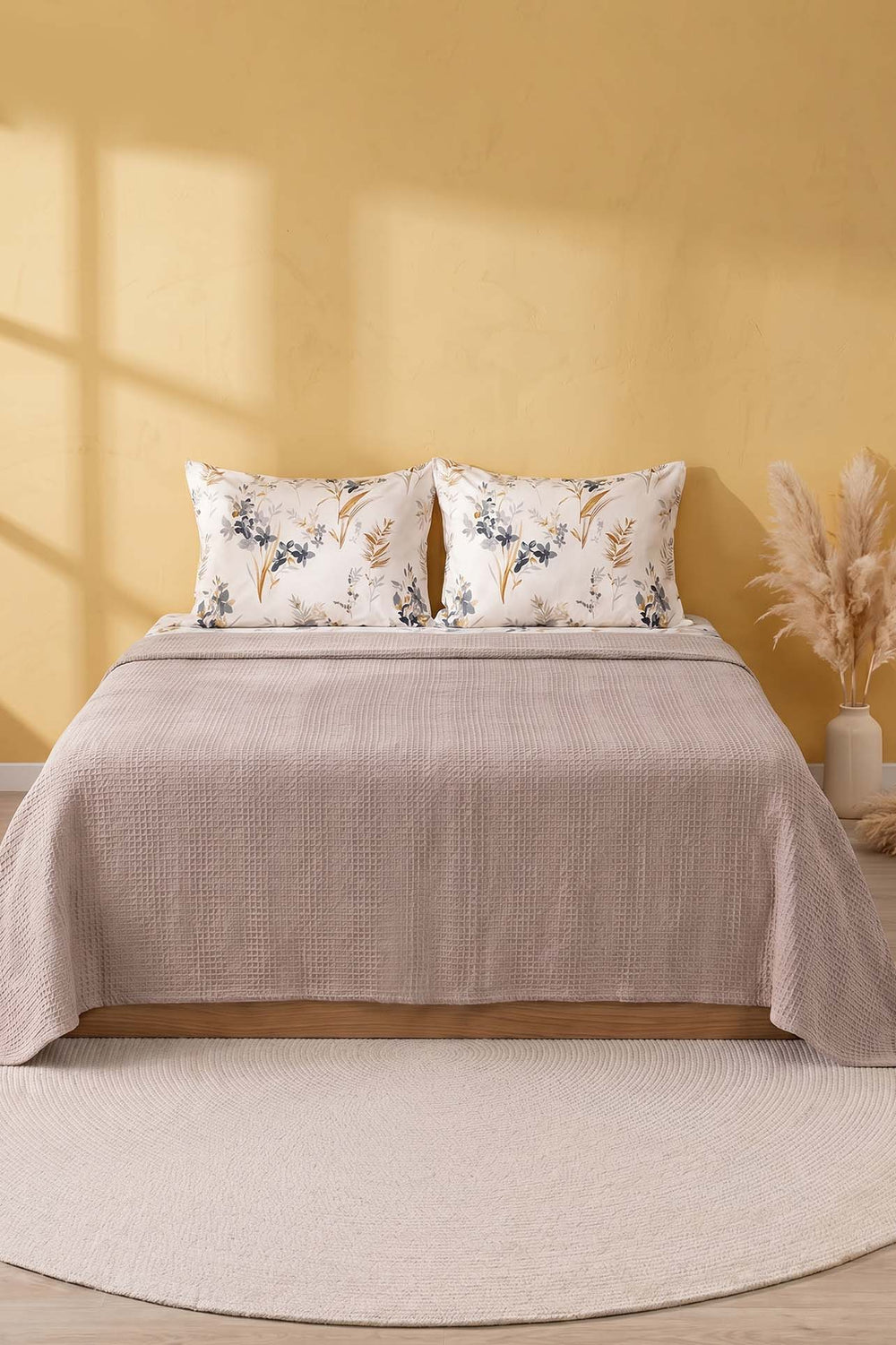 Mink Floral Patterned Cotton Honeycomb Double Bedspread Set – 4 Pieces