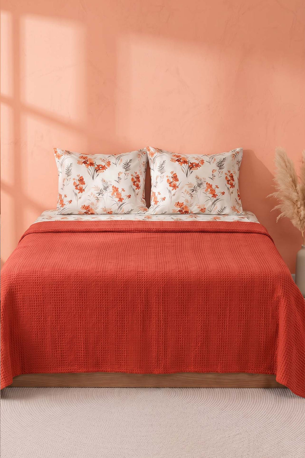 Terracotta Floral Patterned Cotton Honeycomb Double Bedspread Set – 4 Pieces