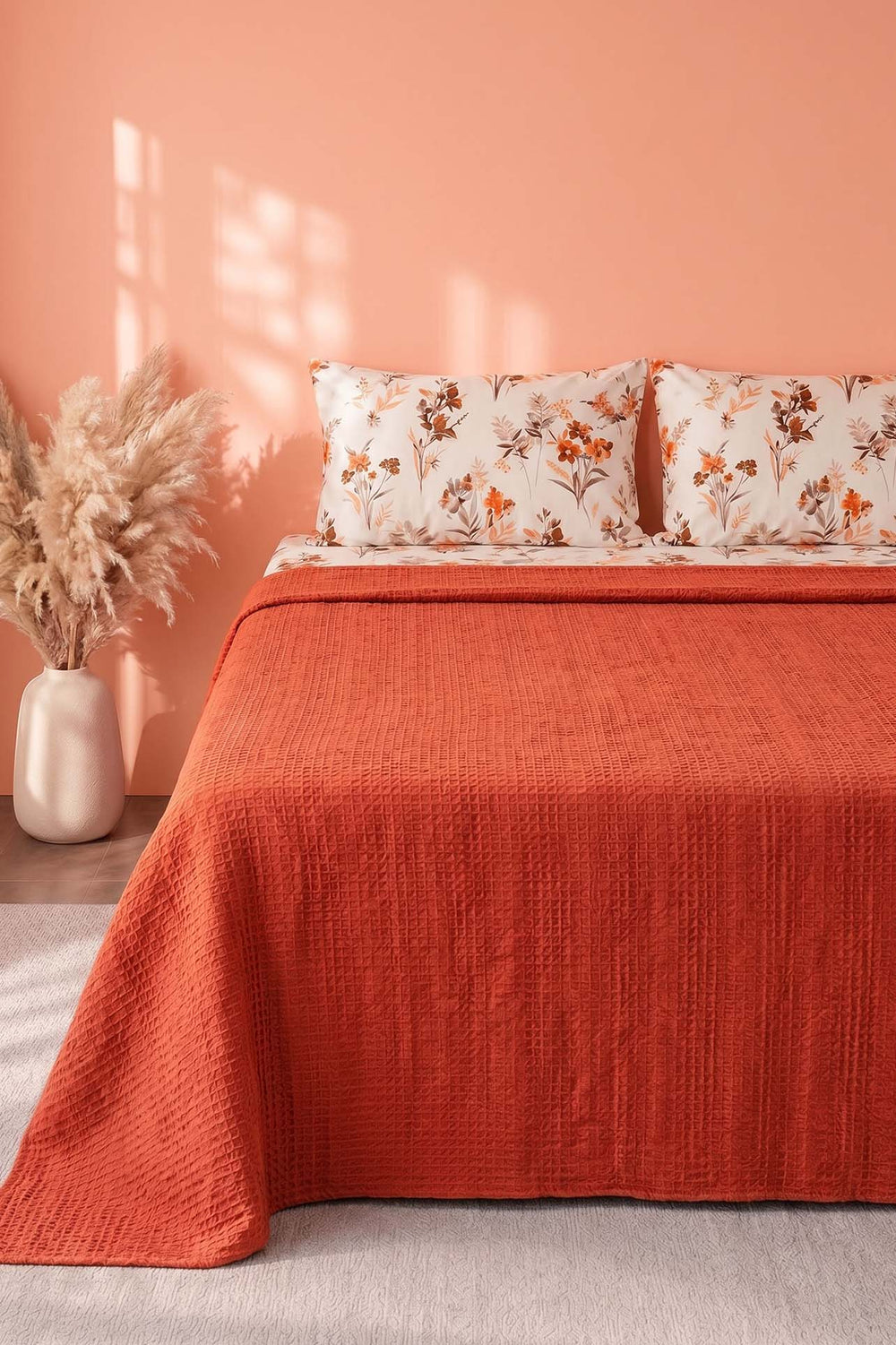 Terracotta Floral Patterned Cotton Honeycomb Double Bedspread Set – 4 Pieces