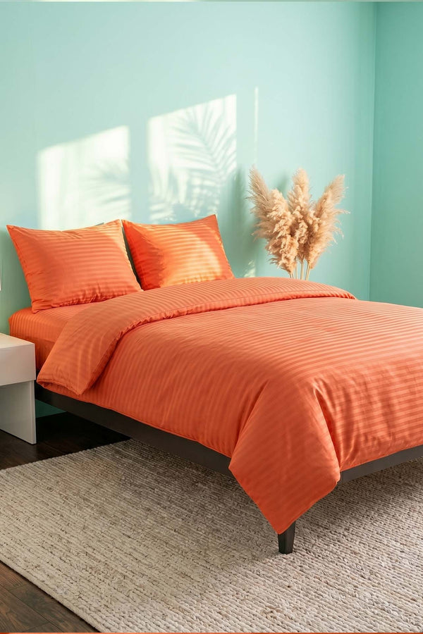 Elite Orange Striped Satin Double Duvet Cover Set – 4 Pieces