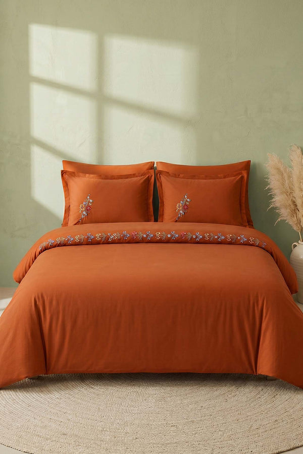 Velora Terracotta Floral Embroidered Cotton Double Duvet Cover Set – 6 Pieces