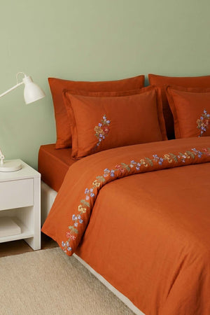 Velora Terracotta Floral Embroidered Cotton Double Duvet Cover Set – 6 Pieces