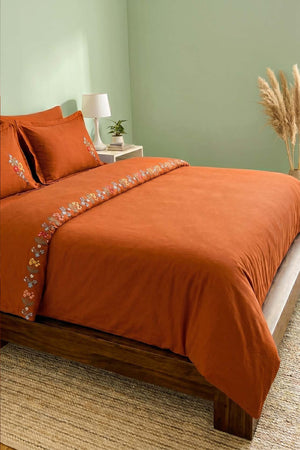 Velora Terracotta Floral Embroidered Cotton Double Duvet Cover Set – 6 Pieces
