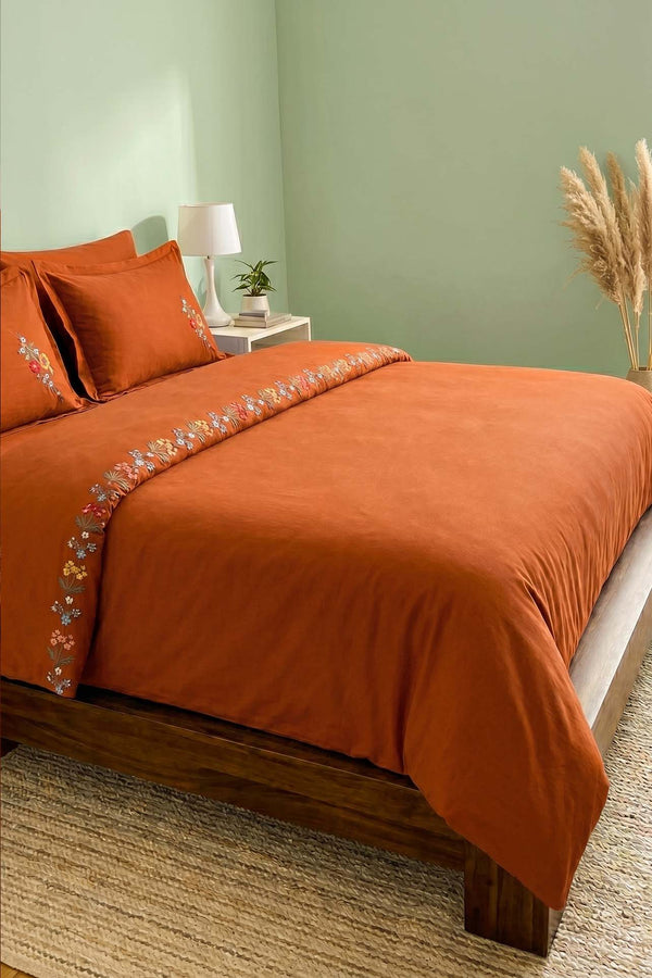 Velora Terracotta Floral Embroidered Cotton Double Duvet Cover Set – 6 Pieces