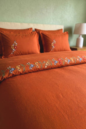 Velora Terracotta Floral Embroidered Cotton Double Duvet Cover Set – 6 Pieces
