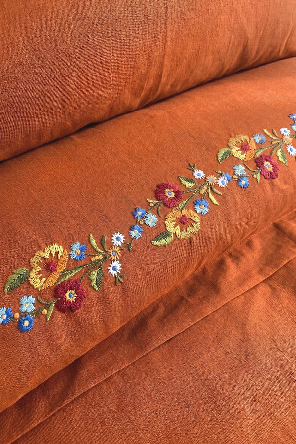 Velora Terracotta Floral Embroidered Cotton Double Duvet Cover Set – 6 Pieces