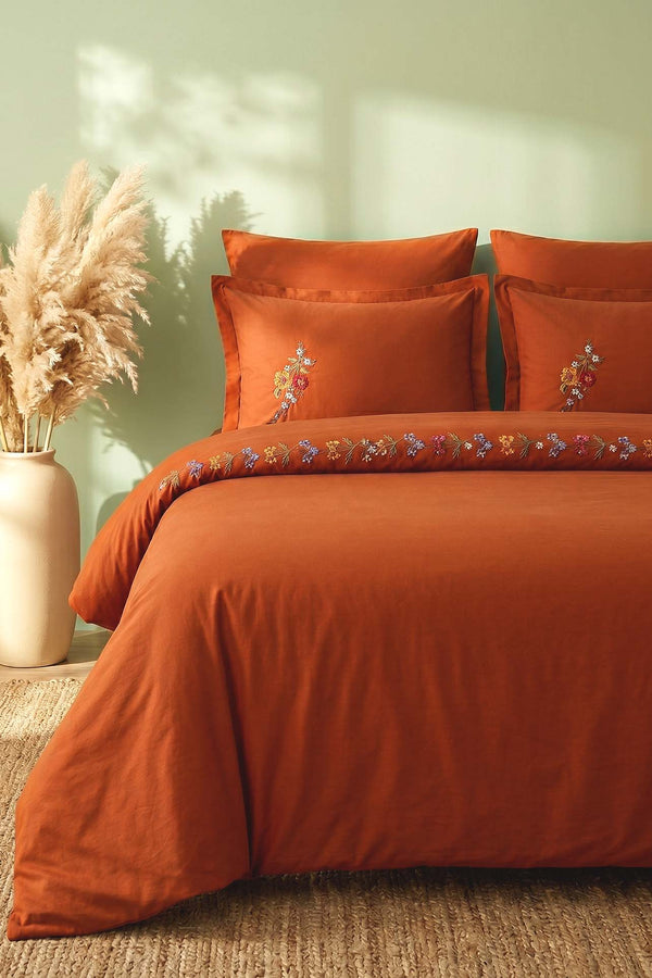 Velora Terracotta Floral Embroidered Cotton Double Duvet Cover Set – 6 Pieces