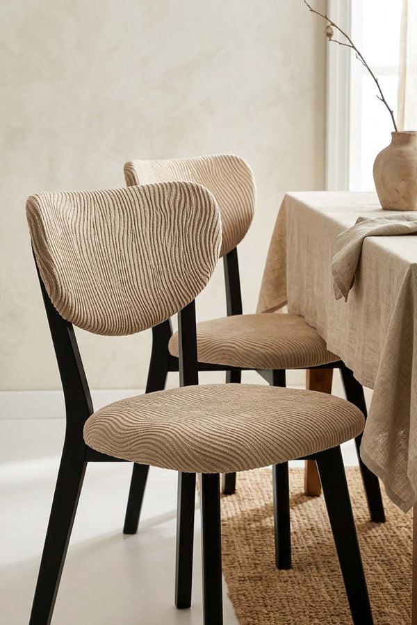 Bej Renk Jakarlı Likralı Esnek Sandalye Kılıfı Takımı - 6Lı Set