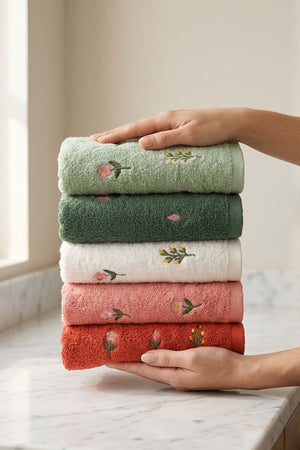 Mini Floral Embroidered 100% Cotton 5-Piece Towel Set – 50 x 90 cm