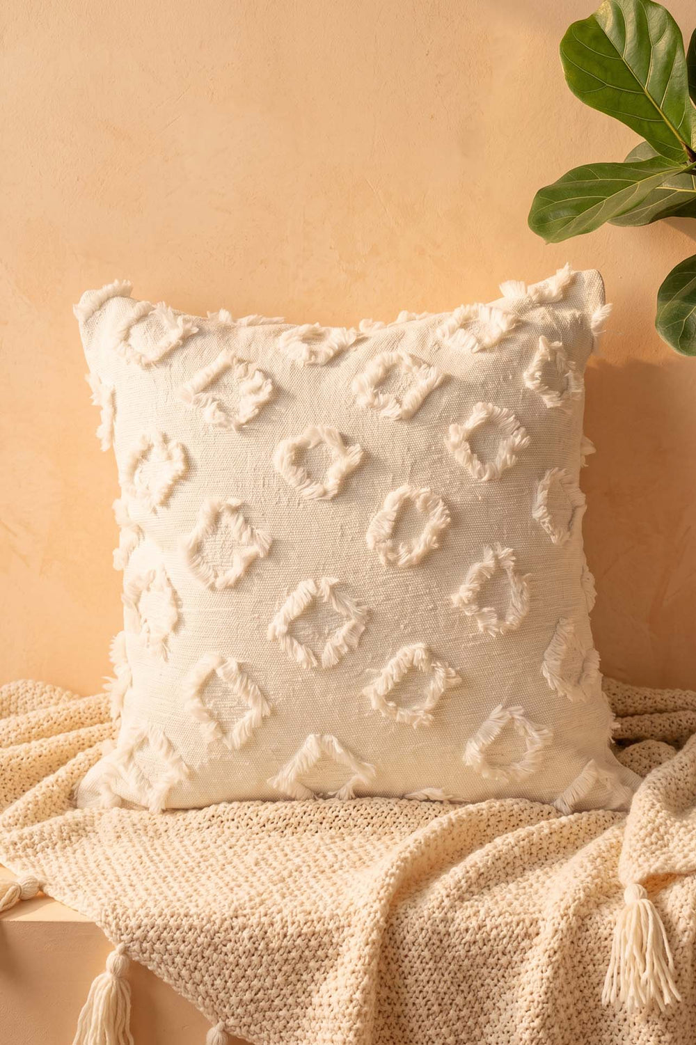 Cream Diamond Patterned Embossed Textured Decorative Cushion Cover