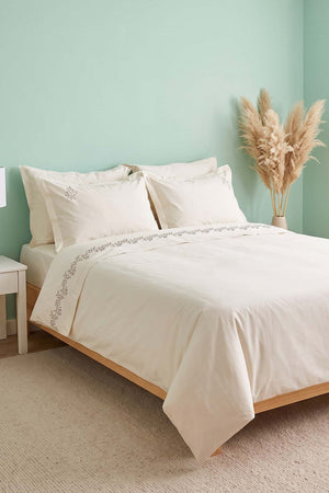 Liora Ecru Floral Embroidered Cotton Double Duvet Cover Set – 6-Piece Bridal Set