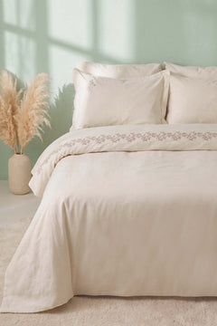 Liora Ecru Floral Embroidered Cotton Double Duvet Cover Set – 6-Piece Bridal Set