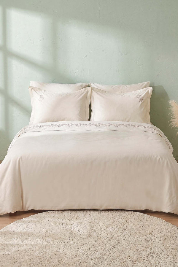 Liora Ecru Floral Embroidered Cotton Double Duvet Cover Set – 6-Piece Bridal Set