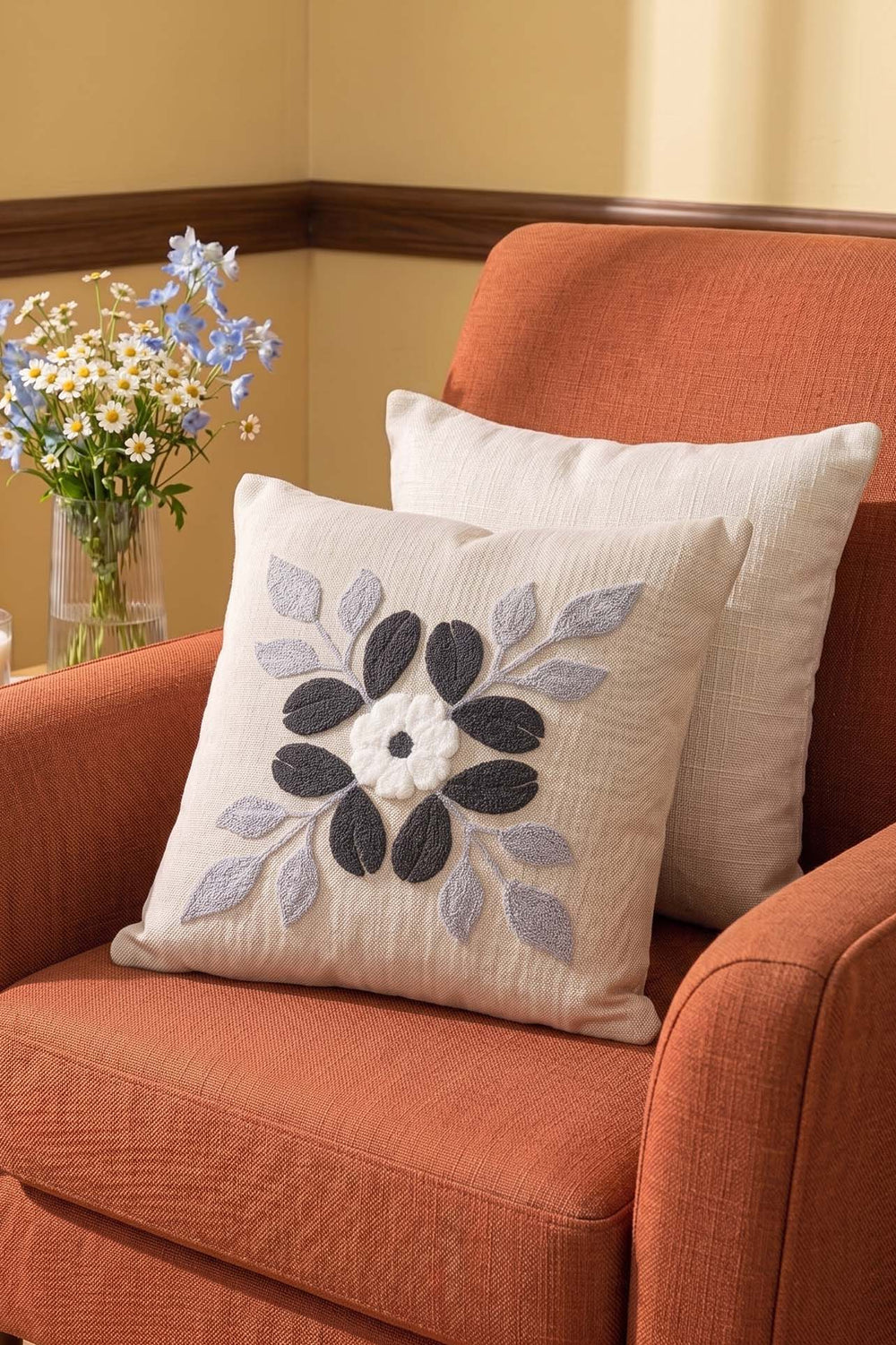 Gray Lily Patterned Punch Decorative Cushion Cover