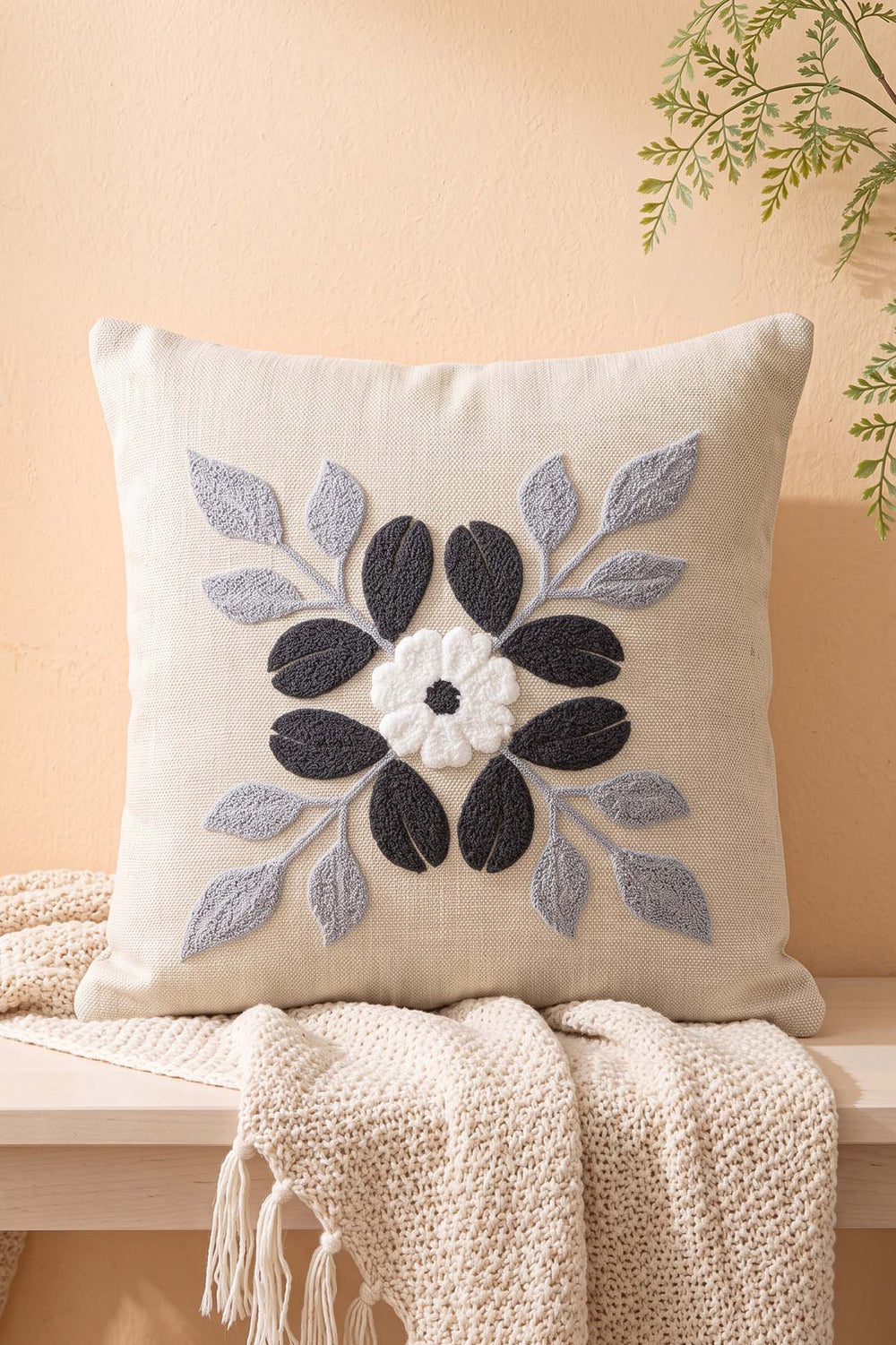 Gray Lily Patterned Punch Decorative Cushion Cover