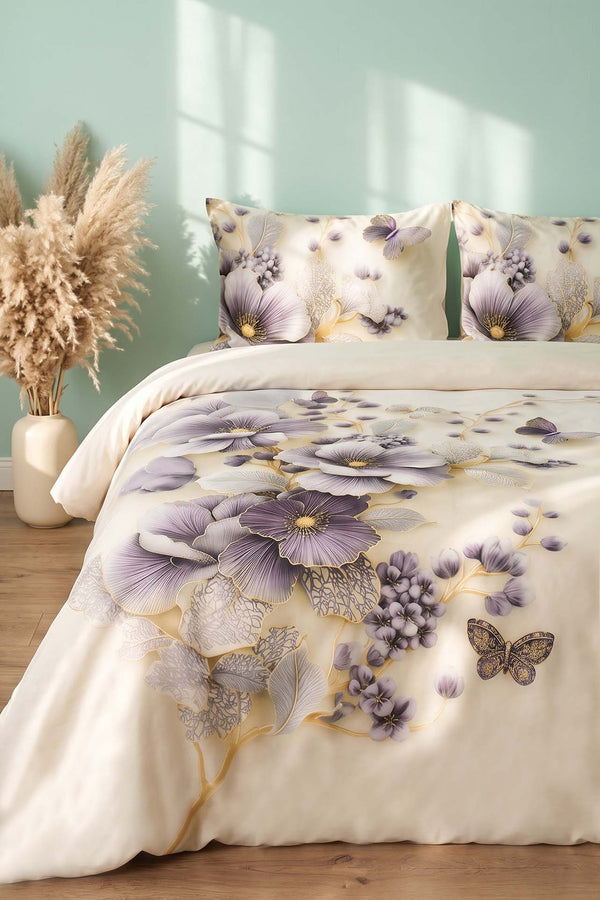 Krem Nayra 3D Flower Çift Kişilik Nevresim Takımı 4 Parça