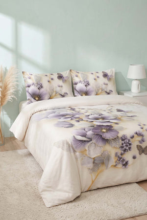 Krem Nayra 3D Flower Çift Kişilik Nevresim Takımı 4 Parça