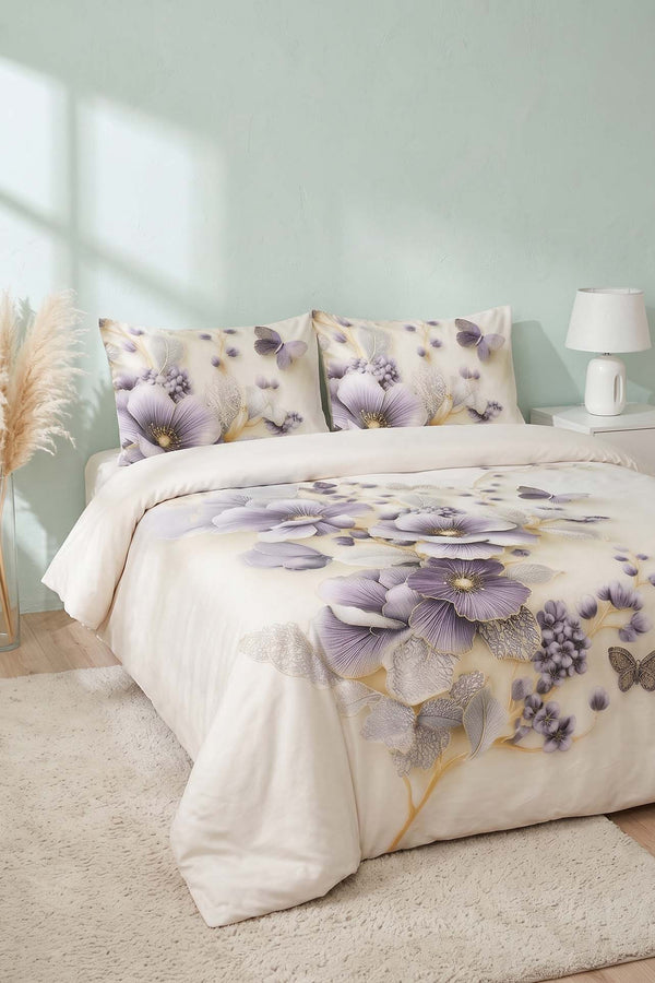 Krem Nayra 3D Flower Çift Kişilik Nevresim Takımı 4 Parça