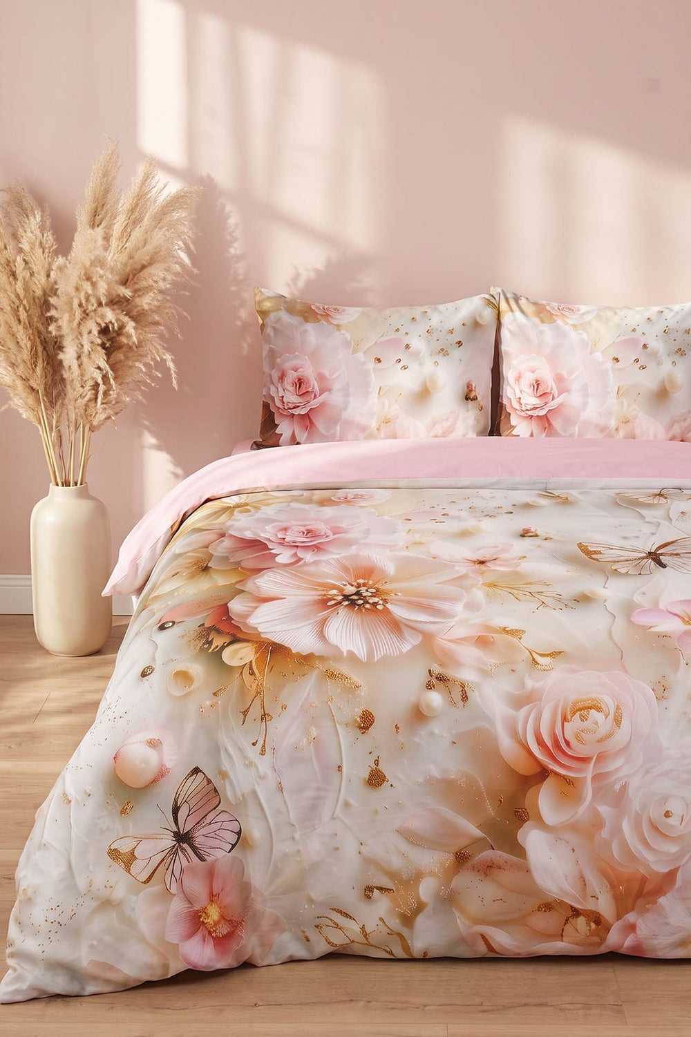Pink Elara 3D Flower Double Duvet Cover Set – 4 Pieces