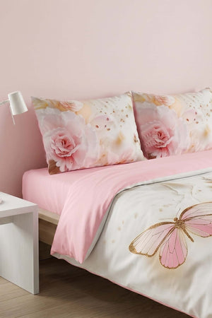 Pembe Elara 3D Flower Çift Kişilik Nevresim Takımı 4 Parça