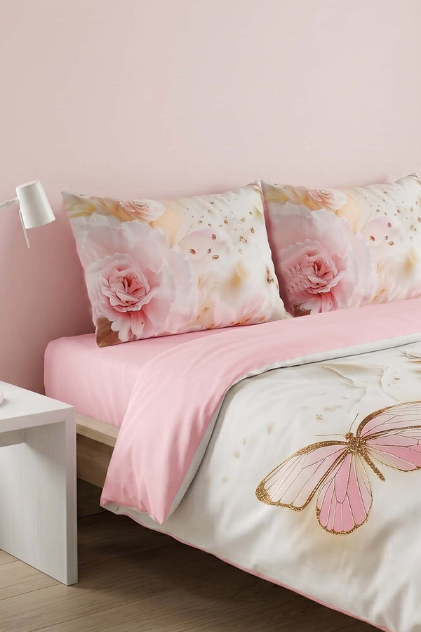 Pembe Elara 3D Flower Çift Kişilik Nevresim Takımı 4 Parça