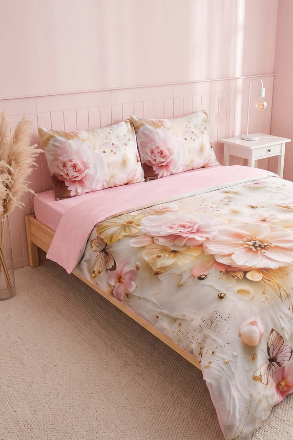 Pembe Elara 3D Flower Çift Kişilik Nevresim Takımı 4 Parça