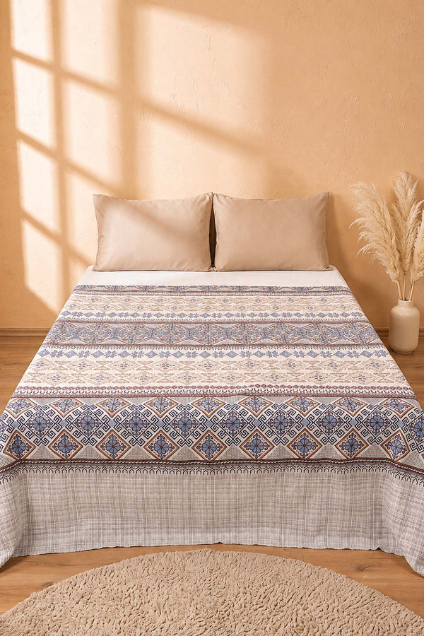 İndigo Etnik Desenli Çift Kişilik Baskılı Pike Yatak Örtüsü 200X230 Cm