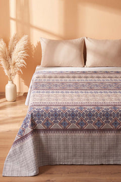 İndigo Etnik Desenli Çift Kişilik Baskılı Pike Yatak Örtüsü 200X230 Cm
