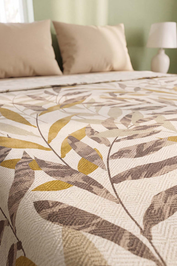 Mustard Leaf Pattern Double Size Printed Coverlet – 200 × 230 cm