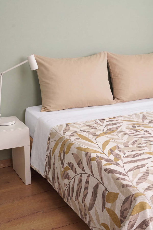 Mustard Leaf Pattern Double Size Printed Coverlet – 200 × 230 cm