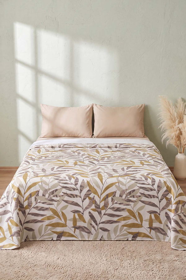 Mustard Leaf Pattern Double Size Printed Coverlet – 200 × 230 cm
