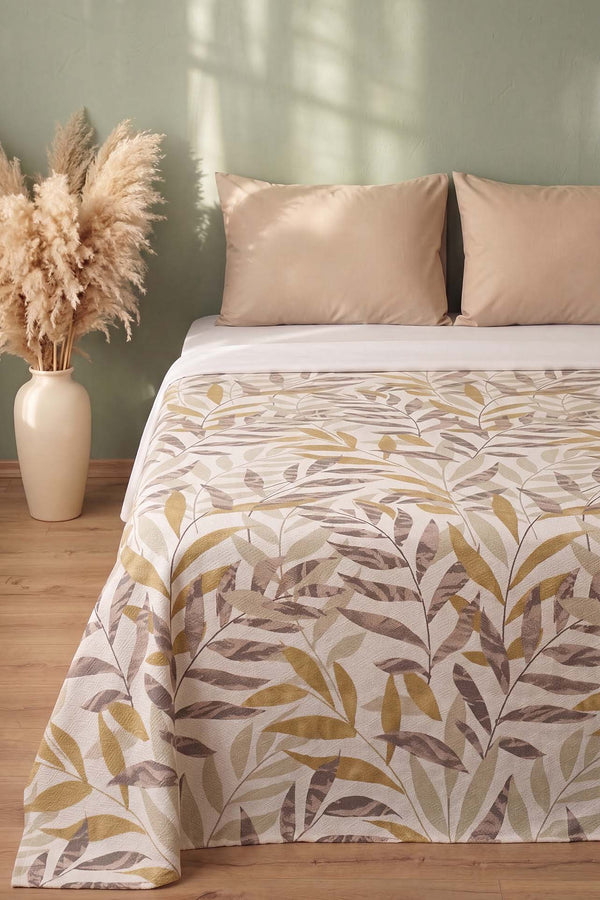 Mustard Leaf Pattern Double Size Printed Coverlet – 200 × 230 cm