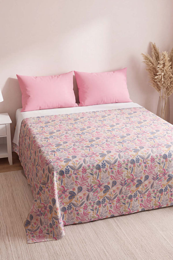 Pembe Kır Bahçesi Desenli Çift Kişilik Baskılı Pike Yatak Örtüsü 200X230 Cm