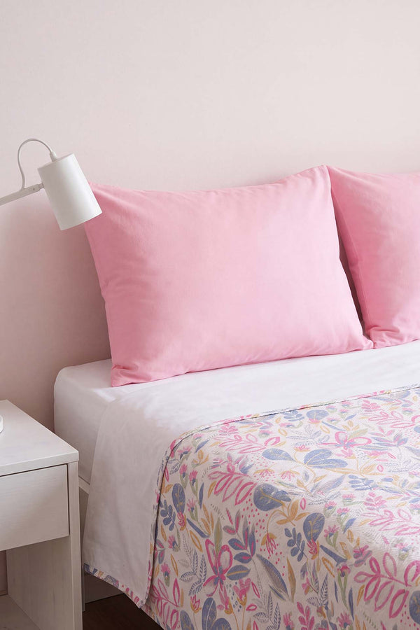 Pembe Kır Bahçesi Desenli Çift Kişilik Baskılı Pike Yatak Örtüsü 200X230 Cm