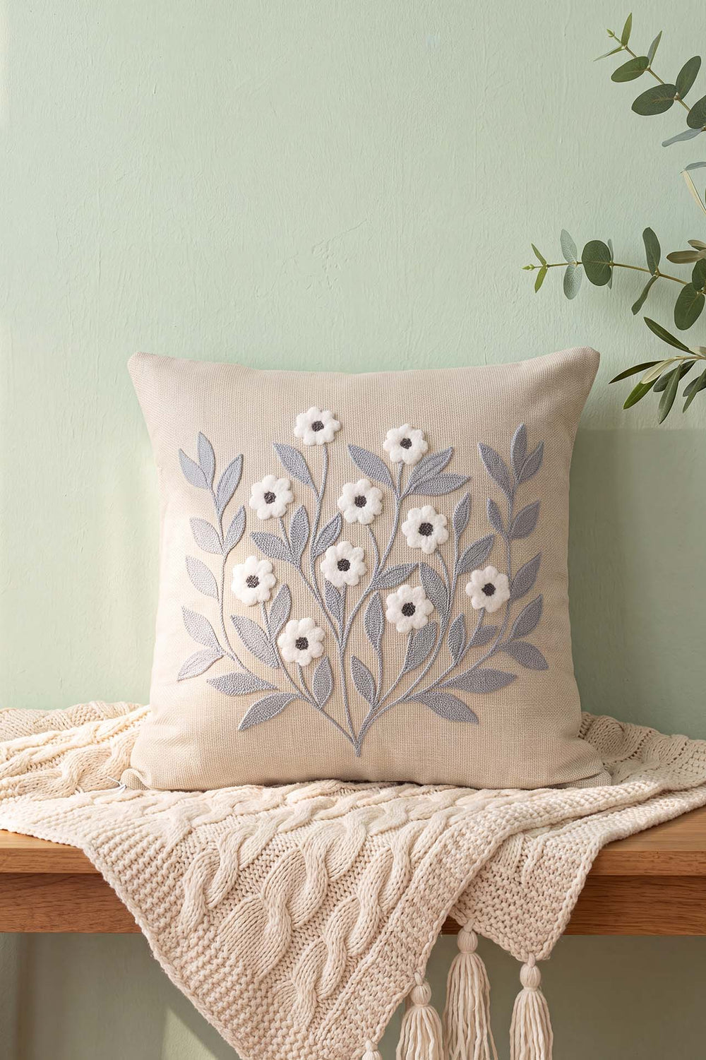 Gray Daisy Branch Pattern Punch Decorative Cushion Cover