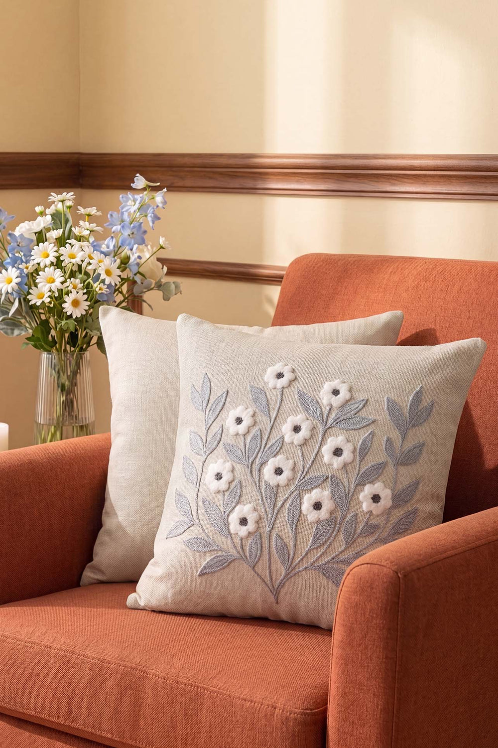 Gray Daisy Branch Pattern Punch Decorative Cushion Cover