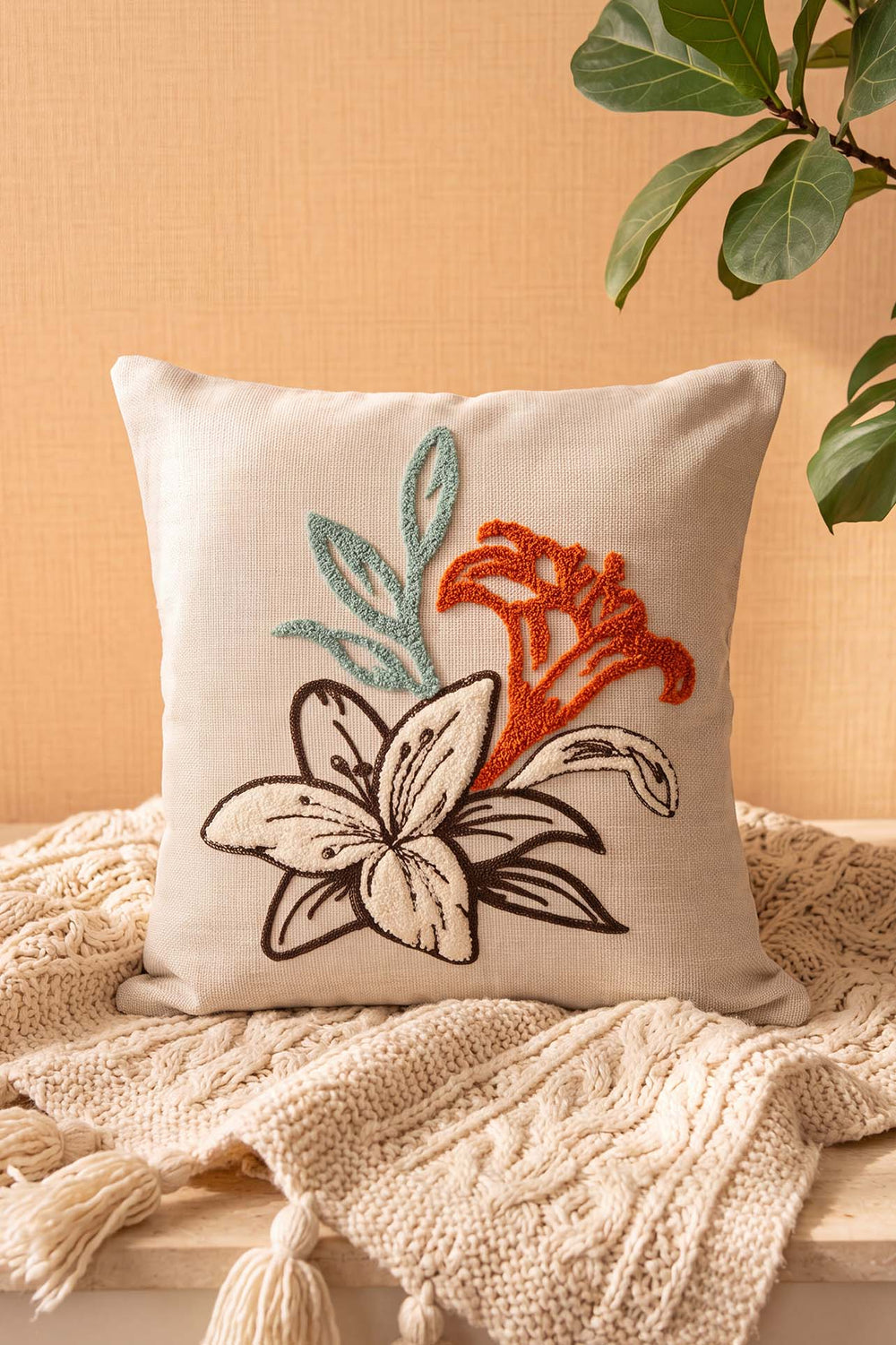 Brown Striped Lily Pattern Decorative Punch Cushion Cover