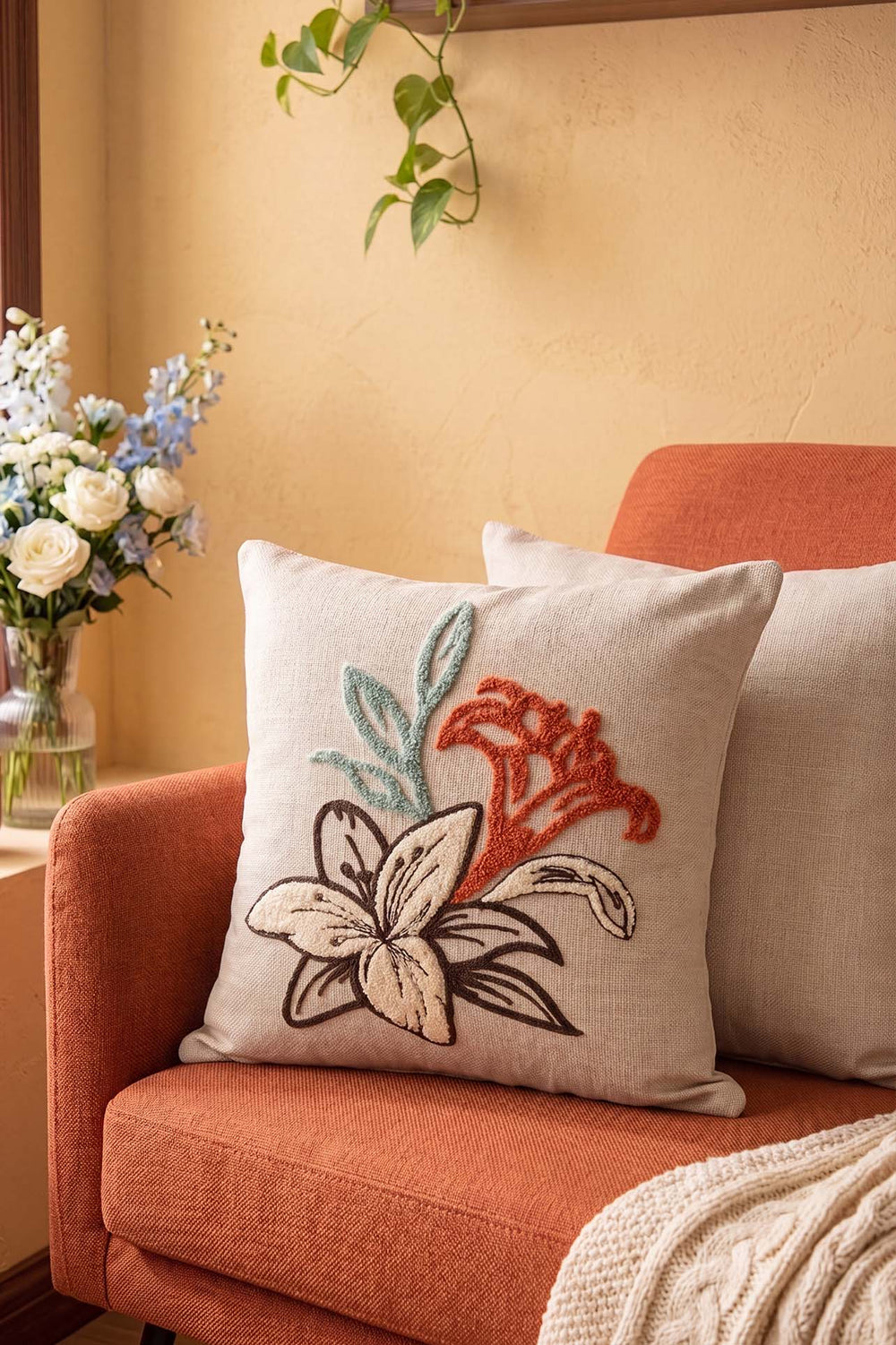 Brown Striped Lily Pattern Decorative Punch Cushion Cover