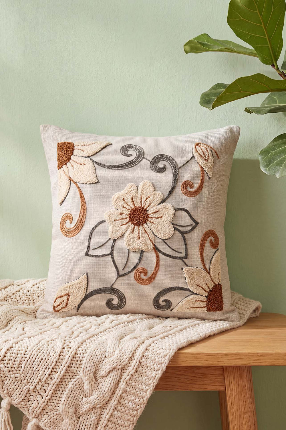 Cream Floral Branch Pattern Tufted Decorative Cushion Cover