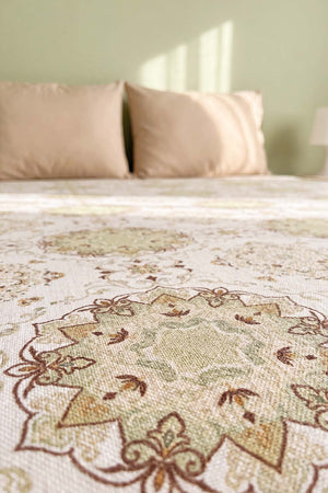 Yeşil Mandala Desenli Çift Kişilik Baskılı Pike Yatak Örtüsü 200X230 Cm