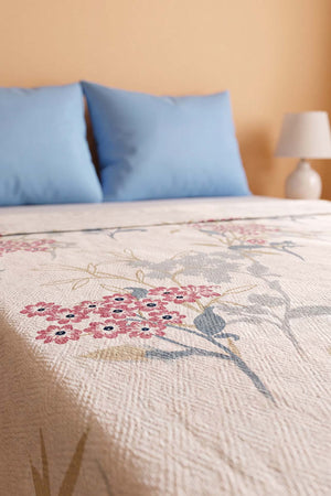 Mor Tomurcuk Desenli Çift Kişilik Baskılı Pike Yatak Örtüsü 200X230 Cm