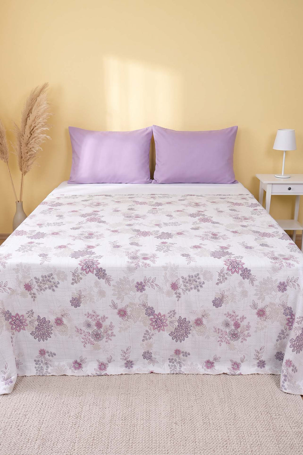 Purple Floral Patterned Double Printed Bedspread & Pique 200x230 Cm