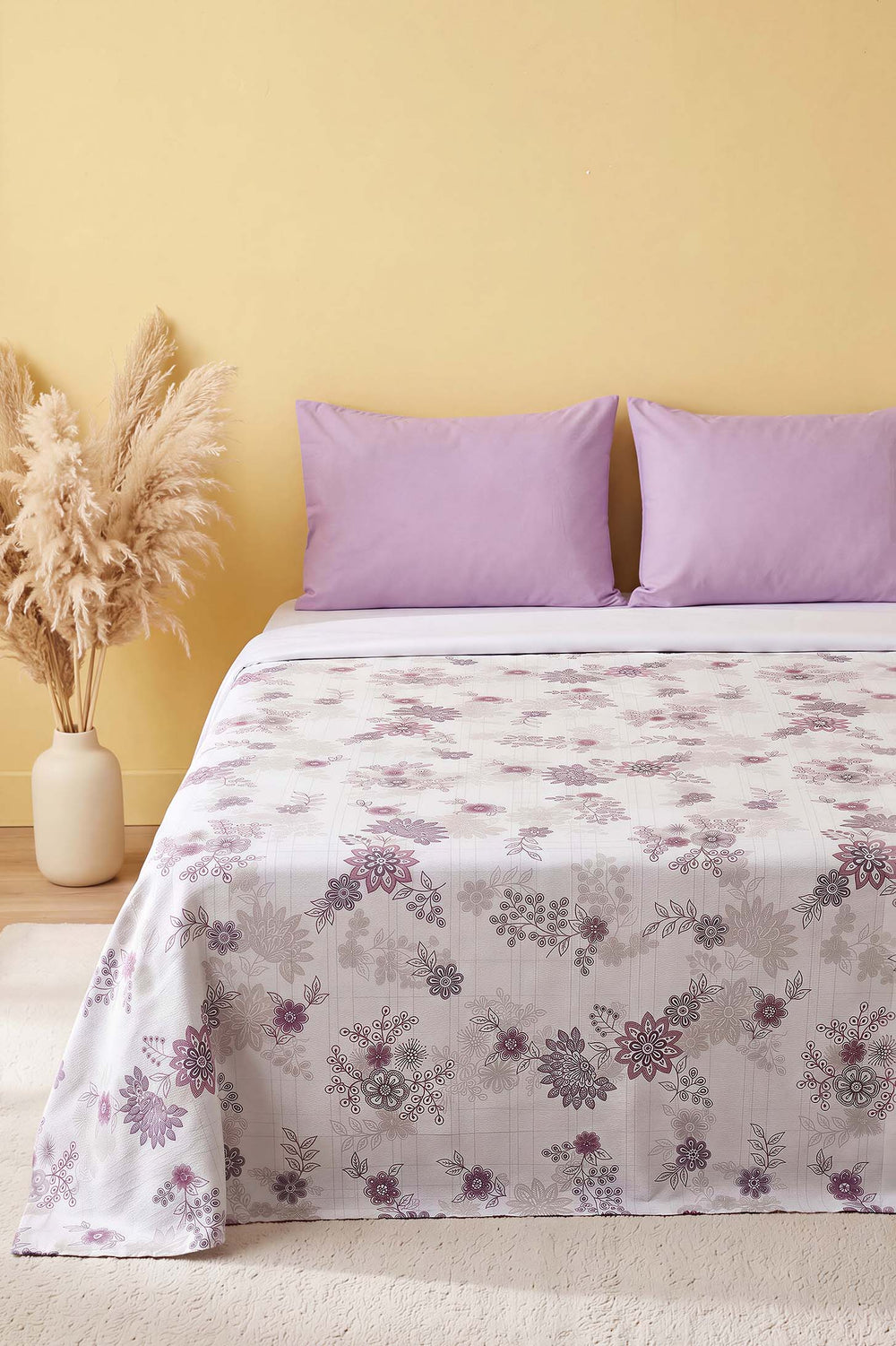 Purple Floral Patterned Double Printed Bedspread & Pique 200x230 Cm