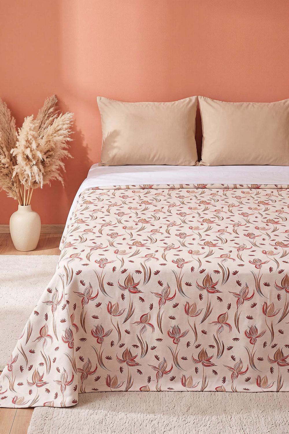 Red Freesia Patterned Double Printed Bedspread & Pique 200x230 Cm